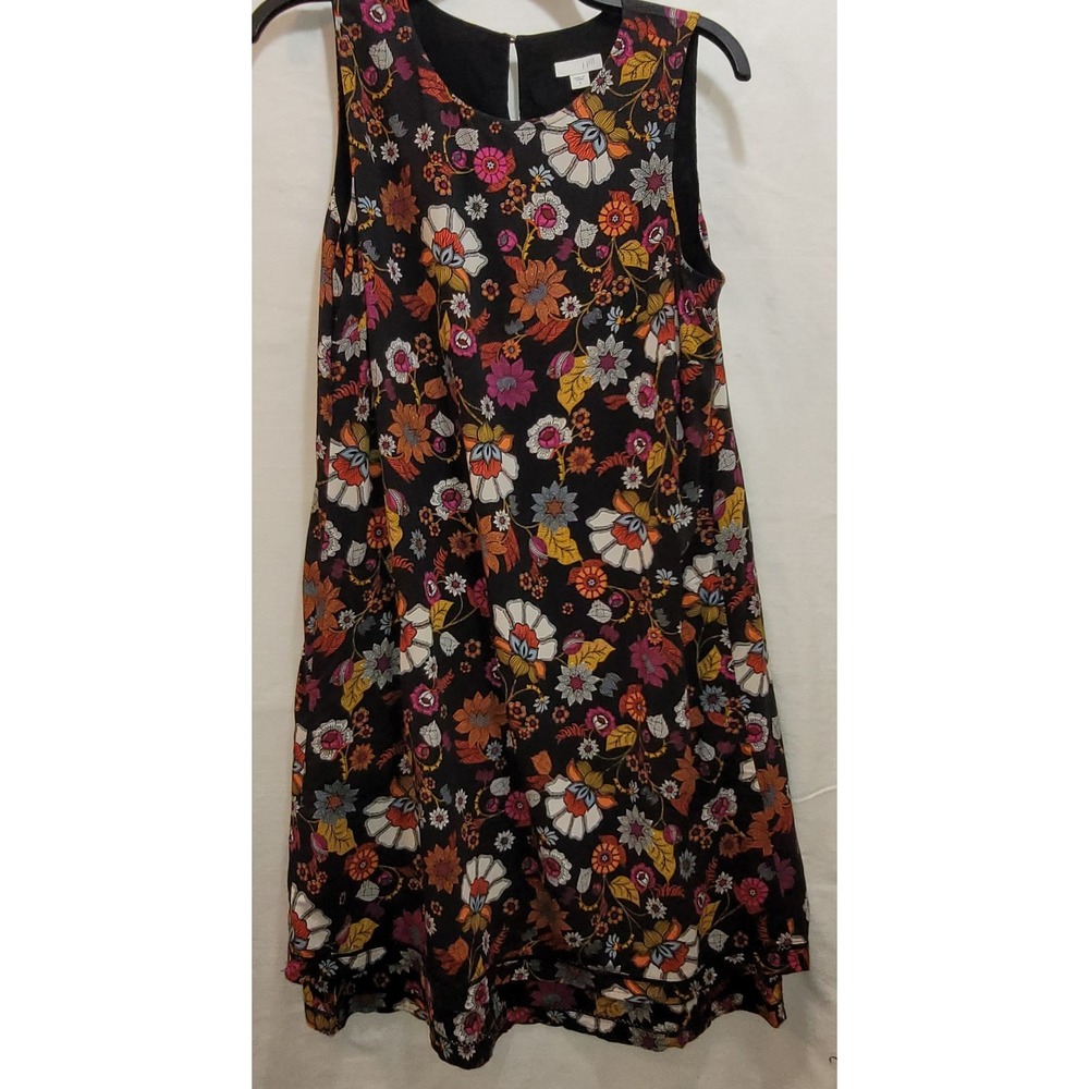 J Jill Shift Sleeveless Dress Small Black Floral Keyhole Knee Layered Hem Pocket